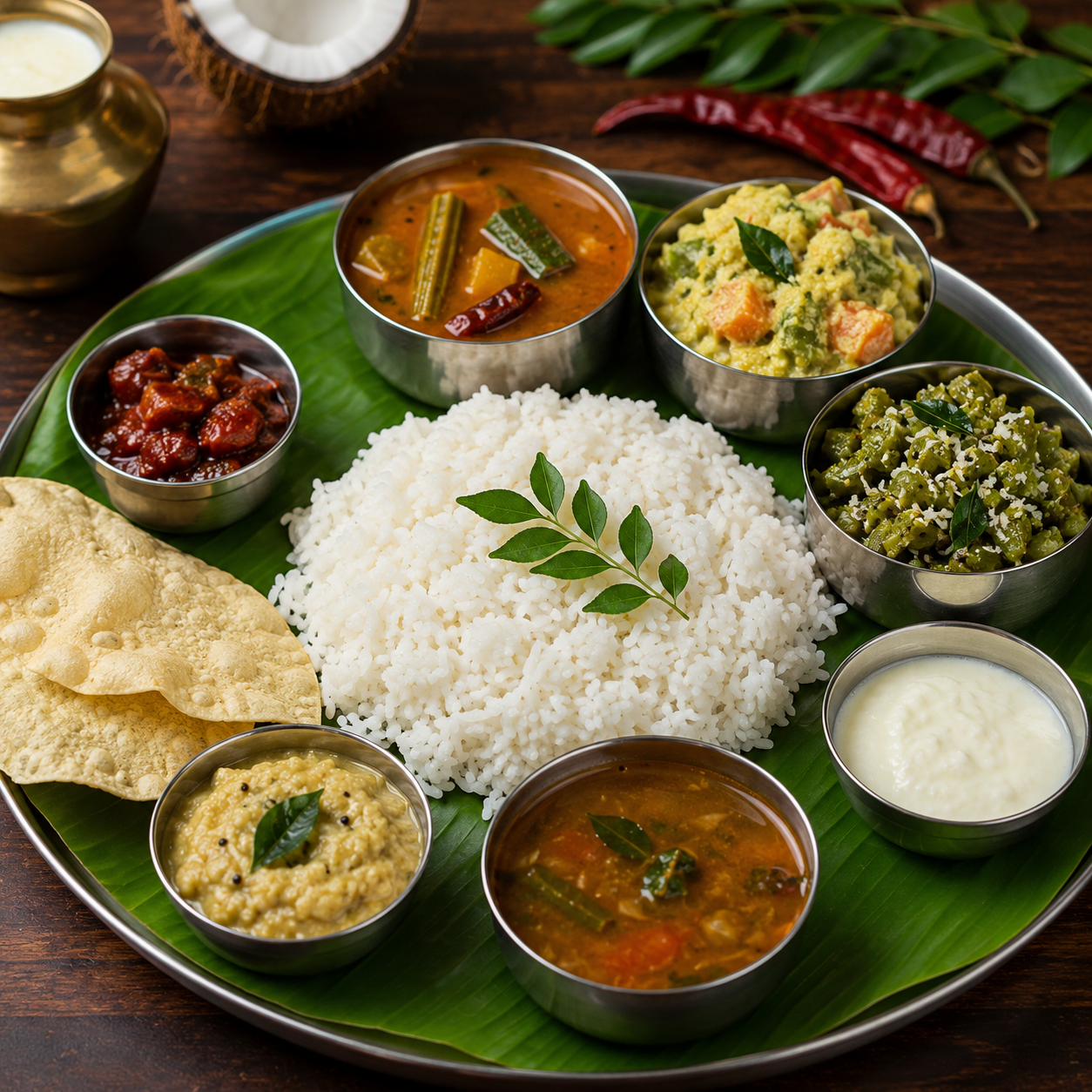 Traditional South Indian lunch with rice, sambar, vegetables and Kerala side dishes